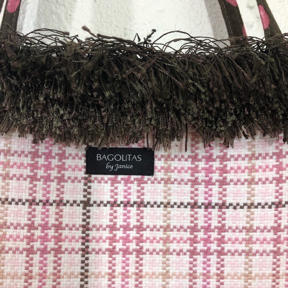 Bagalitas By Janice Pink Plaid Purse Hand Bad Brown Trim Eclectic Spring - Picture 3 of 10